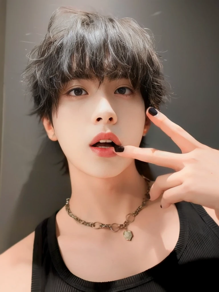 arafed asian woman wearing a black top and necklace holding a finger up to her lips, Jimin\full lips, cai xukun, inspired by Kun Can, wicked ulzzang, kim doyoung, Hearingyoung Shin, pale korean adorable face, jungkook, Jimin, hyung tae, jia, kim taejin, taehyung eating gucci fries, kpop boy, Korean Face, Kim seokjin, seokjin, Hearing, BTS, BTS Kim seokjin, BTS Hearing, korean male face