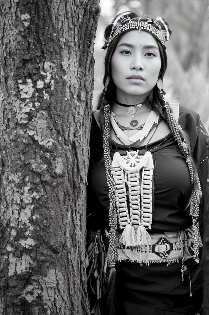 Hermosa woman standing next to a tree in a black and blank photo, traditional beauty, tribal clothing, a young shaman, wearing an elegant tribal outfit, b&in photo, wearing a native american choker, wearing tribal armor, wearing authentic clothes, beautiful étnica woman, young woman from the mapuche territory, she is dressed in shaman clothes, native american, black & blank photo