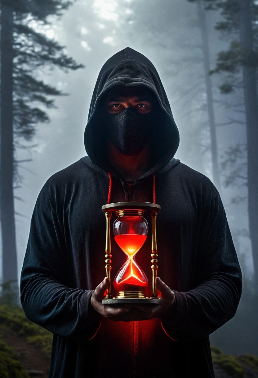 A man in a hood with a covered face in a foggy mountainous setting, holding a glowing hourglass with red light emanating from its center. The hourglass emits an intense glow, illuminating the man&#39;s face and creating a contrast with the dark and dramatic environment in the background. Heavenly rays of light descend from the sky, adding a touch of mystery and spirituality to the scene