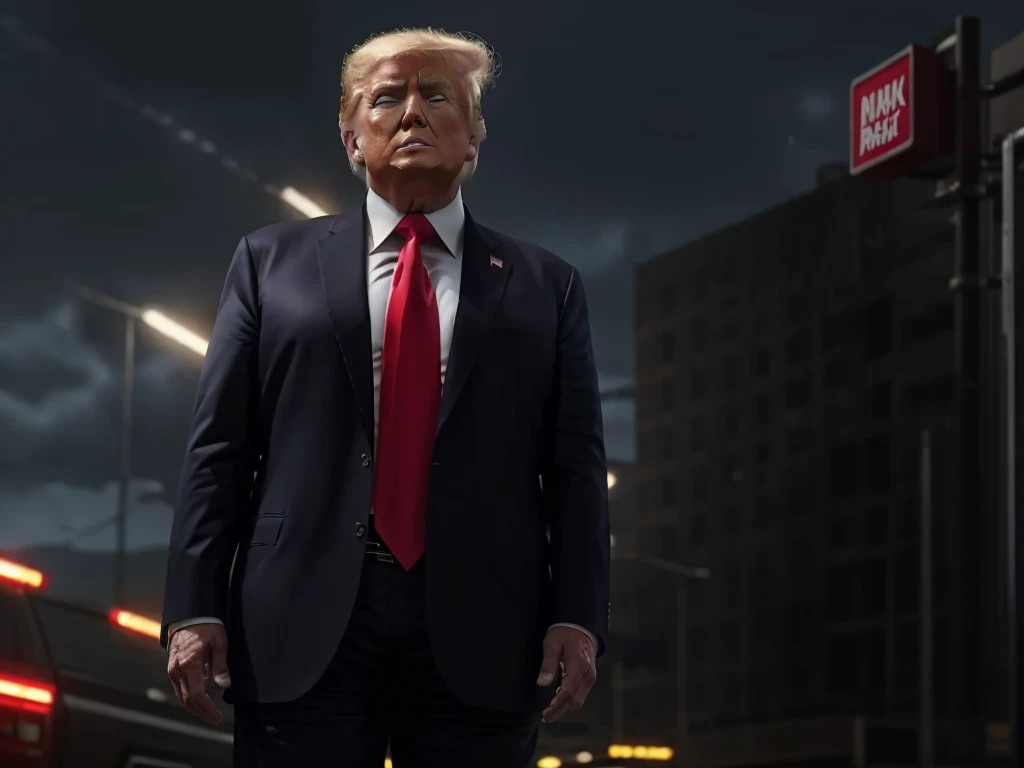 a cyborg donald trump in tactical armor standing in a city street, 1man, donald trump fortnite skin, detailed armor, highly detailed facial features, sharp focus, dramatic lighting, cinematic composition, photorealistic, 8k, masterpiece, hyper detailed, intricate details, epic scene, dramatic pose