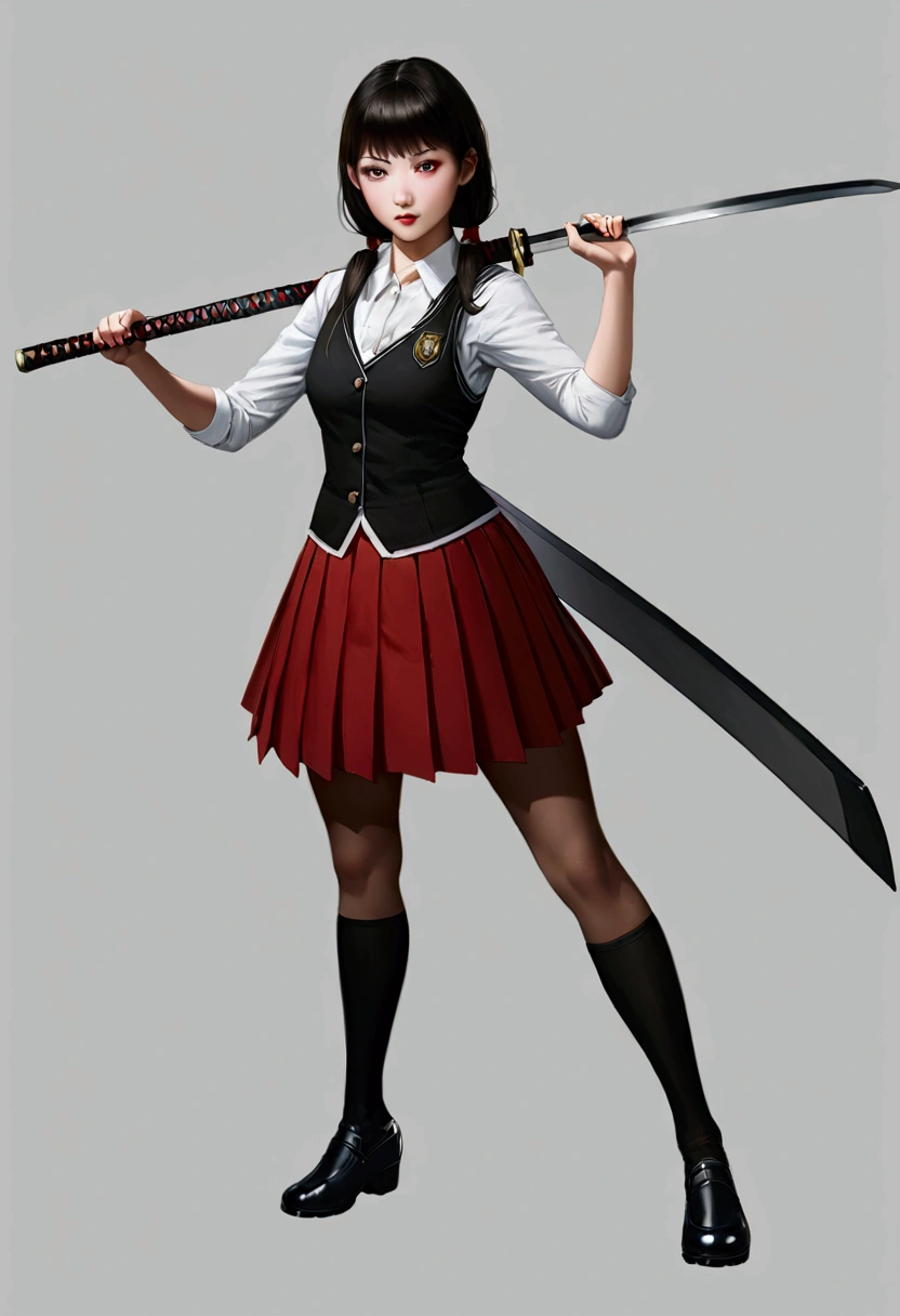 Wear skirts and shirts，背着背包的Anime Girl, Realistic female student, Girl wearing, Short full body portrait!, She holds a samurai sword, She holds a long stick, 名为露西的Anime Girl, Anime Girl, As anime character, School girls, female anime character, magic , Strike a pose