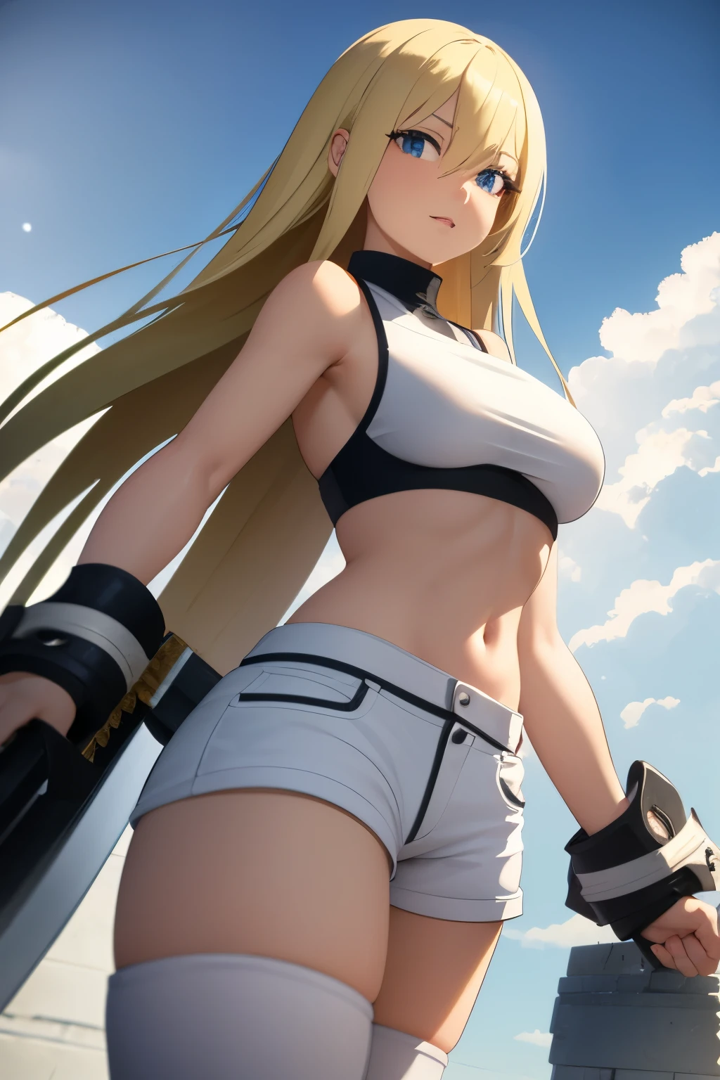 A 20-something girl with blonde hair, wearing white shorts and a white crop top. Beautiful body and beautiful breasts. ((anime styling)) Brandishing a sword in a snow-covered arena. She is sweaty and panting.