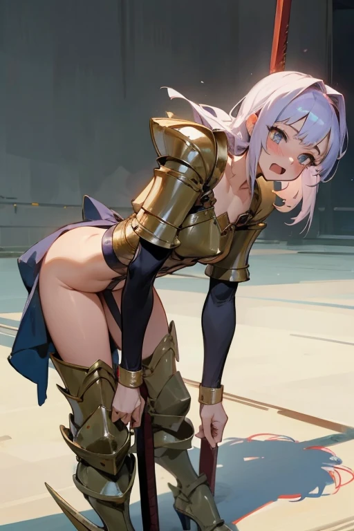 Anime style Girl dancing naked  for men in armour of war, begging for attention, naked in high heels , blushing, bent over, men watching and yelling encouraging words, holding her ankles , warriors fighting monsters 