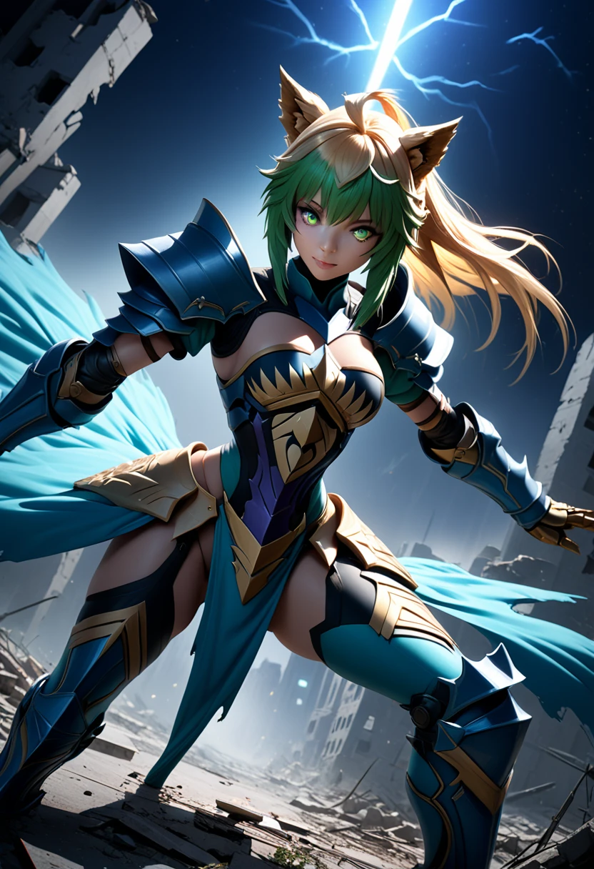 (masterpiece, top quality, best quality, beautiful and aesthetic:1.2), full body, SFW, extremely detailed, detailed eyes, green eyes, detailed hands, cinematic light, depth of field, 1girl, seducing smile, solo, official, (full armored knight:1.4), Atalanta Fate, slim body, cinematic lighting, dramatic lighting, dramatic atmosphere, hyper-realistic, high resolution, stunning contrast, high quality, best quality, 8k, 4k, intricately detailed, (amazing details:1.2), highly detailed skin, powerful presence, vibrant colors, (detailed eyes:1.2), striking eyes, (detailed background), (warzone on background, night, ruins), (dynamic angle:1.2), (dynamic pose:1.2)