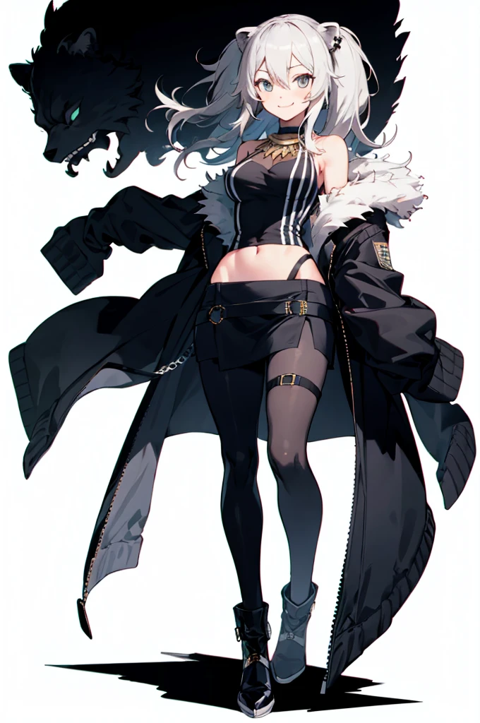 1girl, solo, (white background:1.4), simple background, standing, full body, smile, Botan, BotanOutfit, fur-trimmed, jacket, long hair