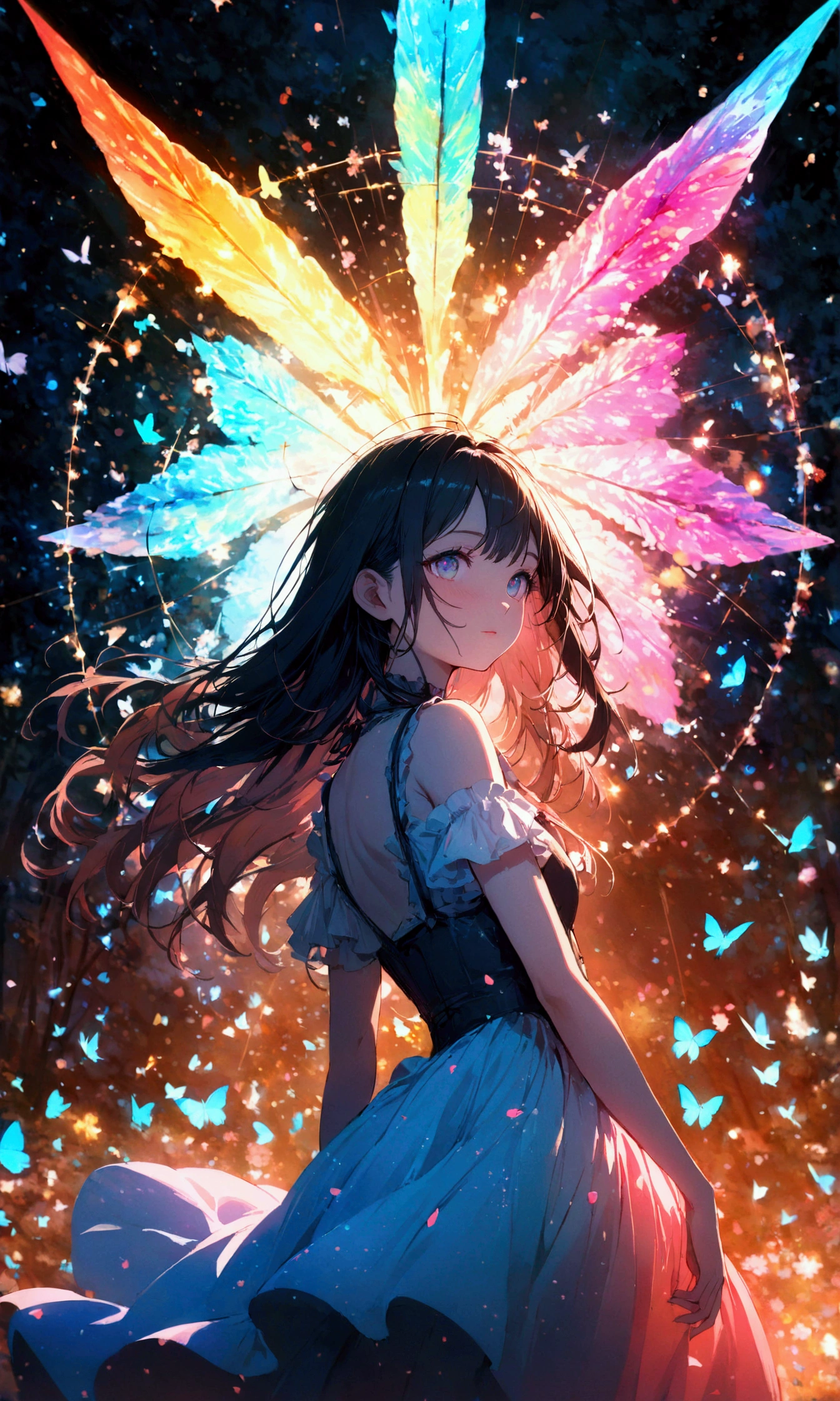 masterpiece, Concept Art, Panorama, in the center, shape, Wide Shot, garden, night, (meteor), Space galaxy background, (Great composition, Epic scale), Dynamic Lighting, Bright colors, cherry blossoms,1 Girl,