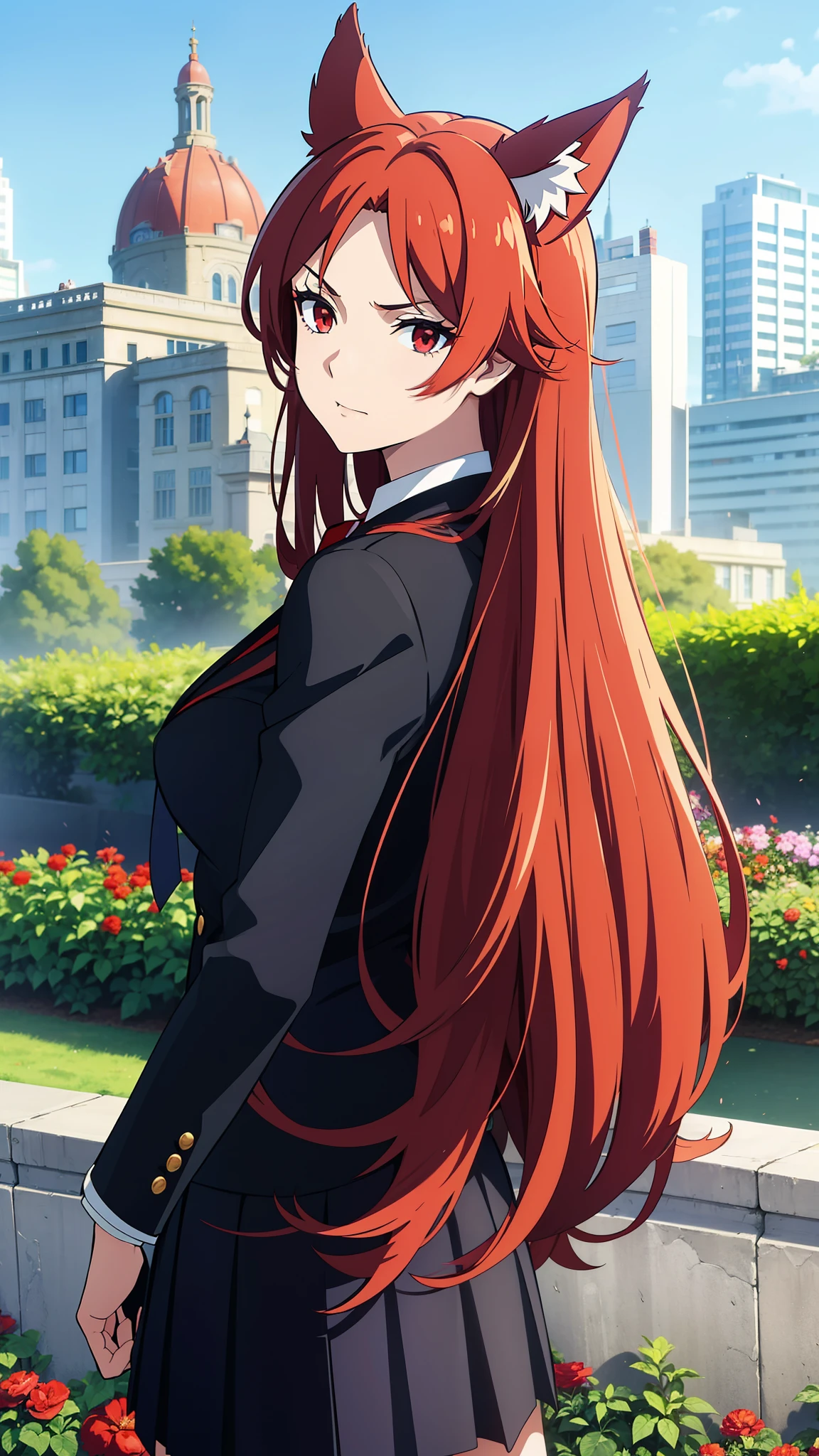 ((beautiful face)),1girl ,20s,mature female,(red hair),long hair,red eyes,fox ears,(garden,blue sky,city),serious,necktie,black jacket, blazer,long sleeves,pleated skirt,dynamic angle,from back,looking ai view