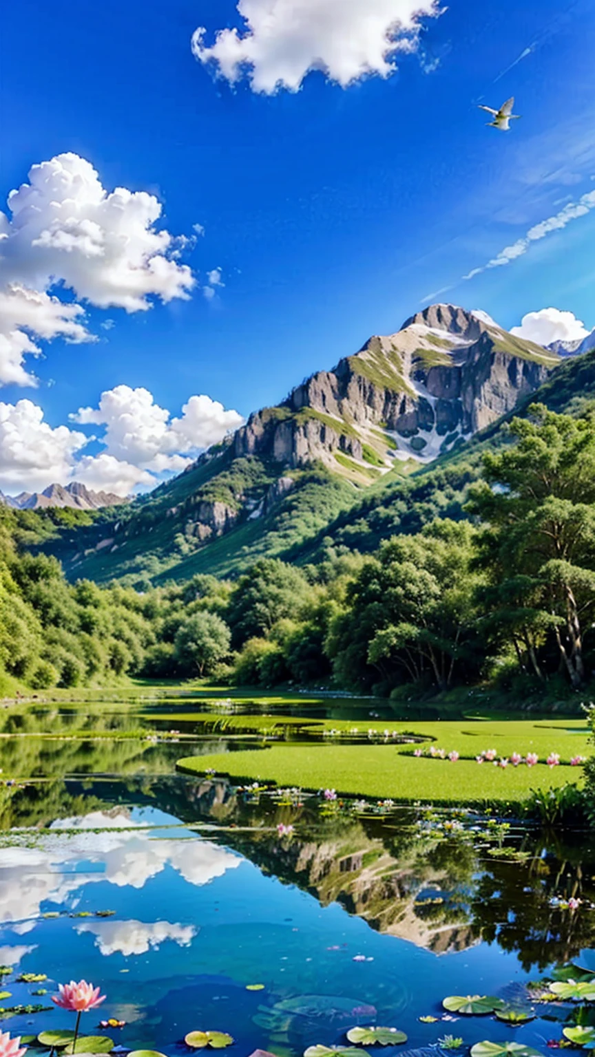 beautiful valley on a sunny day, lake with water lilies and crystal clear water reflecting the clouds in the sky, high mountains in the background, lush vegetation, lawn, Flamboyant and Magnolia trees, birds flying