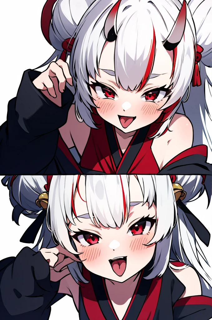 masterpiece, best quality, absurdres, looking at viewer,
Ayame, horns, oni, red eyes, long hair, white hair, red streaks, two side up, double bun, smile, blush, 
detailed face, , detailed eyes,open mouth,tongue out,blush,Nakiri Ayame, long hair, double bun, AyameBase, black kimono, hair bell, obi, white thighhighs, bare shoulders, long sleeves, oni mask, mask on head