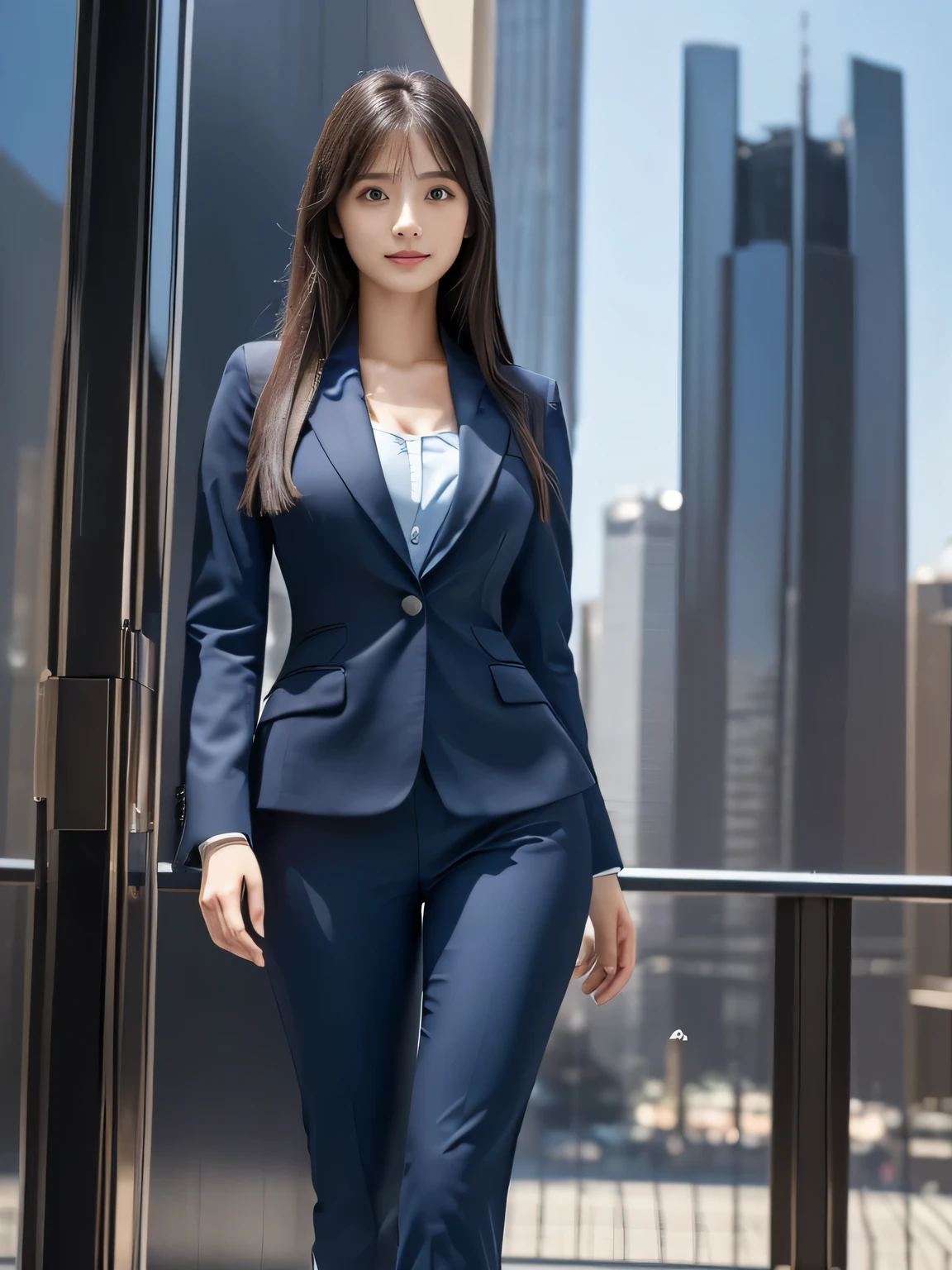 ((whole body:1.4, Highest quality)), (Realistic photos:1.4), ((1 Girl)), Shiny black hair, bangs, (Straight hair :1.5), (超High resolution:1.2), Very delicate and beautiful, wonderful, Very detailed CG Unity 8k 壁紙, Very detailed, High resolution, Soft Light, Japanese,alone, (26 years old:1.4), Famous Japanese actresses, ((Round face:1.4)), Beautiful detailed girl, Very detailed目と顔, Beautiful and detailed nose, Beautiful and beautiful eyes, (Dark blue business suit, Tapered trousers:1.4), Cinema Lighting, Perfect Anatomy, (Fat:0.8), Slim and long legs, Was nervous, (Glass Skyscraper:1.3), (Clear winter blue sky:1.4), (A beautiful form with an inorganic feel), Cool look, 