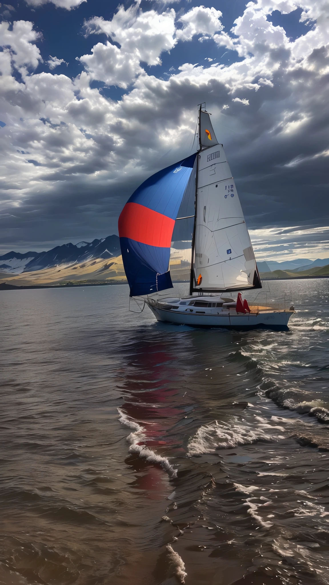 there are mountains in the background, there is a sailboat with a red and blue sail in the water, photo taken from very far away, Stepping on calm waters, Round about to start, He&#39;s on an old sailboat, torn Cloth, Cloth, captured on iphone, Seen in Profile from very far away, in the arch, taken on iphone 14 pro, shot from very far away