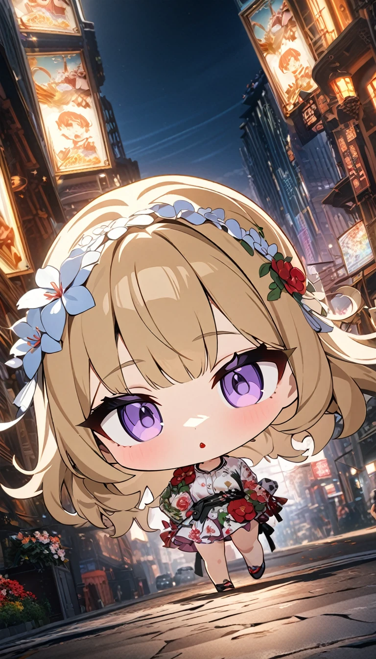 (masterpiece), best quality, ultra-detailed, 1024k UHD wallpaper, ultra-high resolution, depth of field, HDR, (extremely detailed CG 1024k wallpaper), Detailed face, Detailed Clothes, Ultra HD Photo, 1girl, faded gold hair, light purple eyes, red lips, flower hair band, flower shirt, chibi, flower skirt, small heels, city, (newest anime art style)