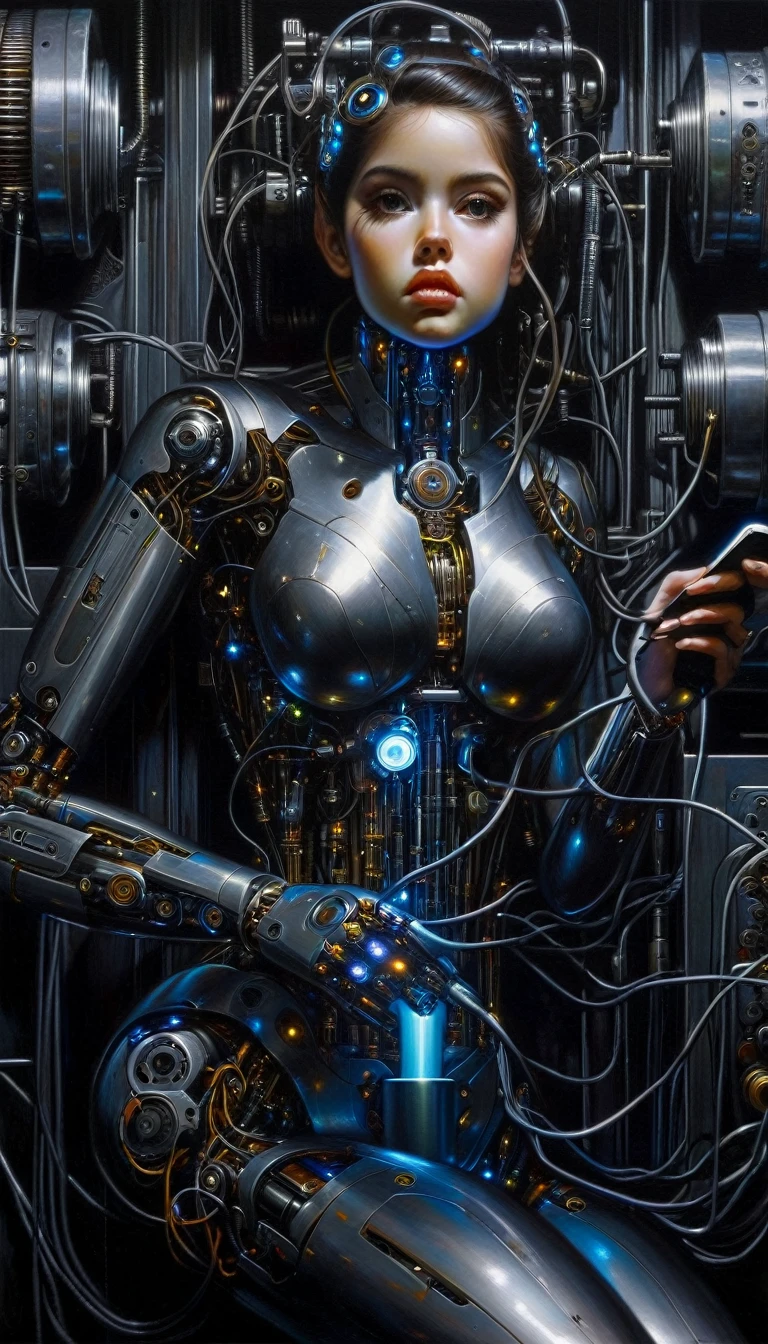 cyborg girl, charging, plugged into machinery, dark scene,(art inspired by Bill Sienkiewicz, intricate details, oil painted )