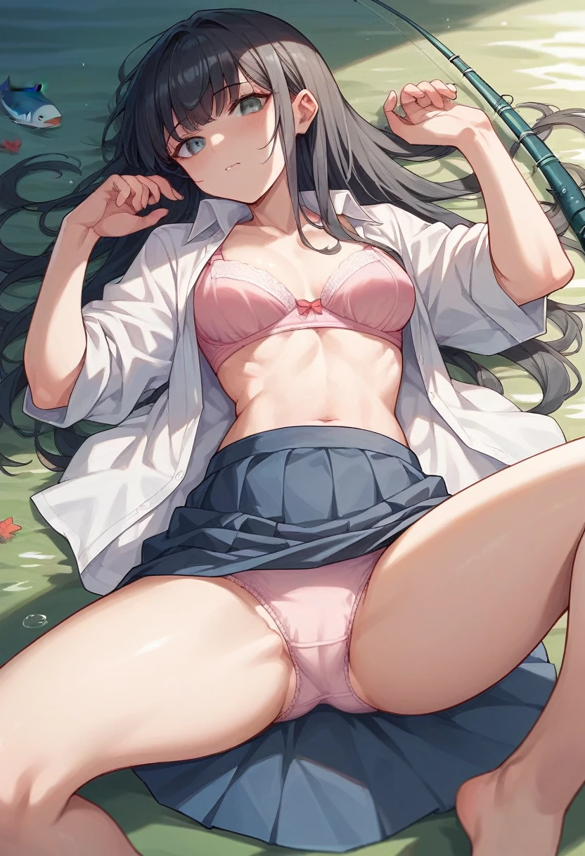 first round,Long Black Hair,Bangs,Blouse and mini skirt、Lying on your back,Spread your legs,fishing eye,living,　View from the front,Anime Girls,Highest quality,Pink bra and panties,　