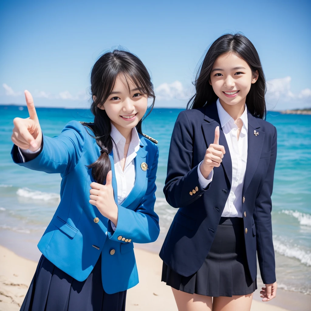 A confident smile, Enjoy the view of the ocean under a beautiful blue sky,2 students、While talking near the beach、This gesture is、Similar to Peace Sign, Black Hair, Blue Blazer Uniform, skirt, shirt, ((((Complete faithful finger))))