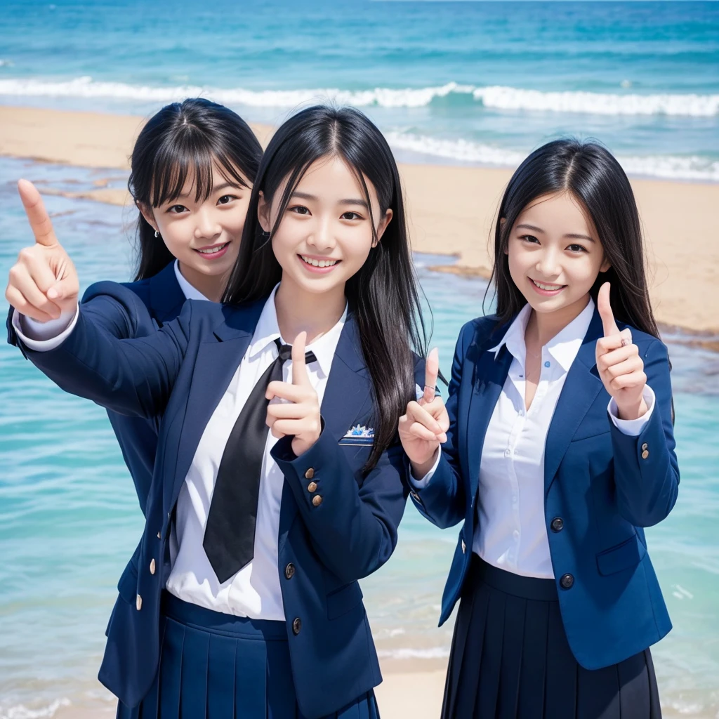 A confident smile, Enjoy the view of the ocean under a beautiful blue sky,2 students、While talking near the beach、This gesture is、Similar to Peace Sign, Black Hair, Blue Blazer Uniform, skirt, shirt, ((((Complete faithful finger))))