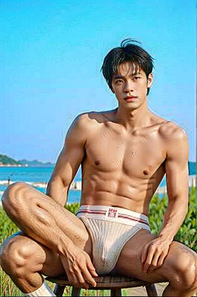 nansheng,1 boy, Solitary, topless, wear white jockstrap underwaer, (jockstrap),Socks and feet close-up,Male focus,sky空, outdoor, sky, Practical, Whole body, show abs, wed body, rain