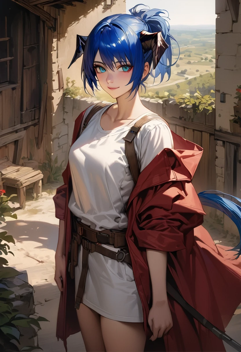 (woman), ((Mostima from arknights)), masterpiece, best quality, blue hair, ((short hair)), ((pony tail hair)), horns, medieval plain white shirt, red fullbody coat, dark blue eyes, realistic anime style, smile, portrait.