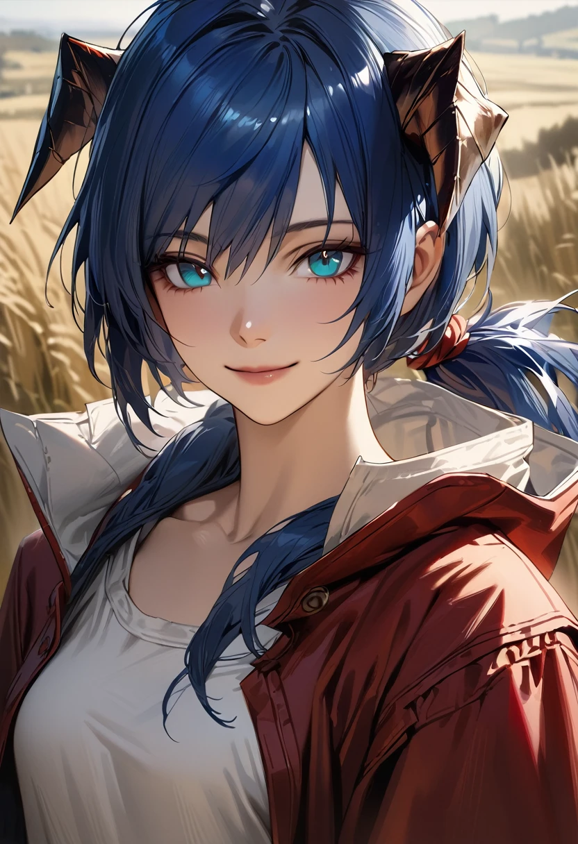 (woman), ((Mostima from arknights)), masterpiece, best quality, blue hair, ((short hair)), ((pony tail hair)), horns, medieval plain white shirt, red fullbody coat, dark blue eyes, realistic anime style, smile, portrait.
