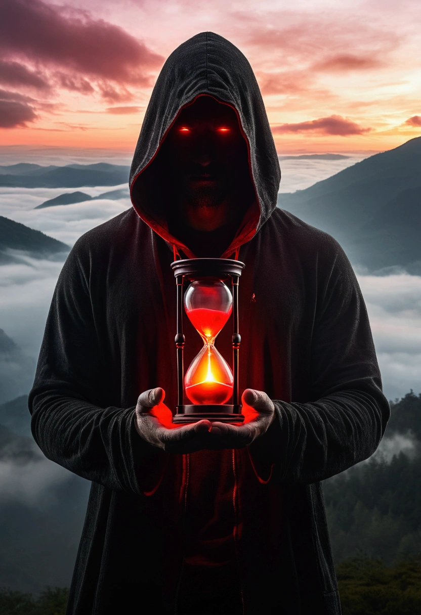 A faceless hooded man in a foggy mountainous setting, holding a glowing hourglass with red light emanating from its center. The hourglass emits an intense glow, illuminating the man&#39;s face and creating a contrast with the dark and dramatic environment in the background. Heavenly rays of light descend from the sky, adding a touch of mystery and spirituality to the scene