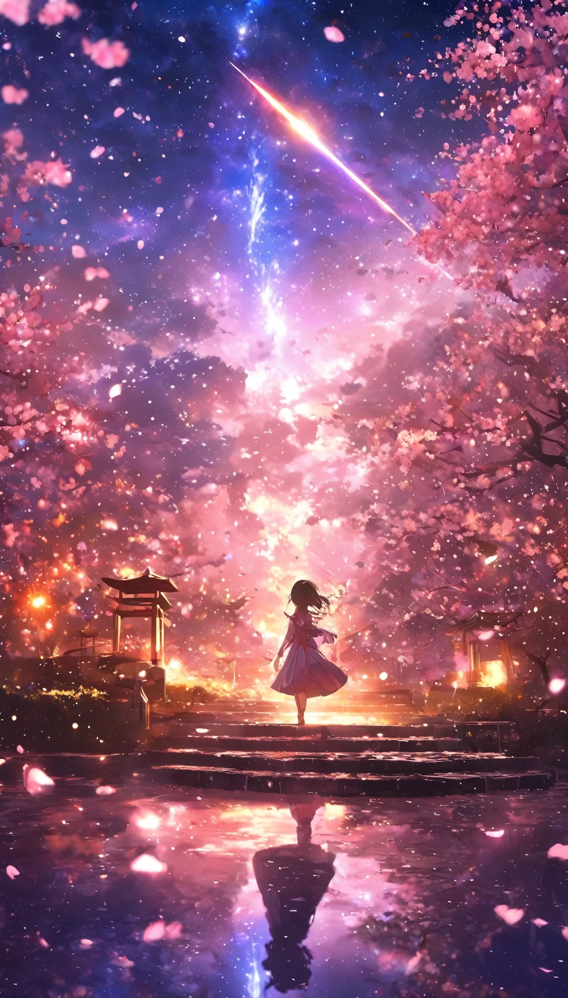 masterpiece, Concept Art, Panorama, in the center, shape, Wide Shot, garden, night, (meteor), Space galaxy background, (Great composition, Epic scale), Dynamic Lighting, Bright colors, cherry blossoms,1 Girl,