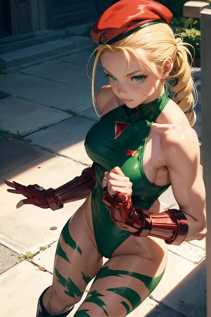 masterpiece, 4K, expensively detailed, Cammy de Street fighter, Looking into the camera, blue eyes, Platinum blonde hair in long pigtails、Short bangs that reach the forehead。, Titis is cute, Cammy, ((scar on his left cheek)), 軍人に扮した美しいwoman ((Green thong class leotard with a delta red triangle on the left breast)), ((Military Tactical Strela)), (((He is wearing a red military beret on his head...))), Black combat boots and red gauntlets, (His legs are sparsely painted with green camouflage....), Clear Bust, Smile at the audience, For more information, (Every pixel counts、Draw the most beautiful and detailed art possible:1.1), Analog Style, Bright colors, Symmetric, in the center, close, woman, Physical ability, fit, Tight waist, expensive, Sunburned skin, [(Colorful explosion psychedelic paint colors:1.1)::0.125], Realist body proportions, Realist, photo-Realist, 8K, expensively detailed, LED Light, Laser light,fruit flavored, (Pit Baby:0.5), Shiny,Anatomically correct body, Anatomically correct limbs