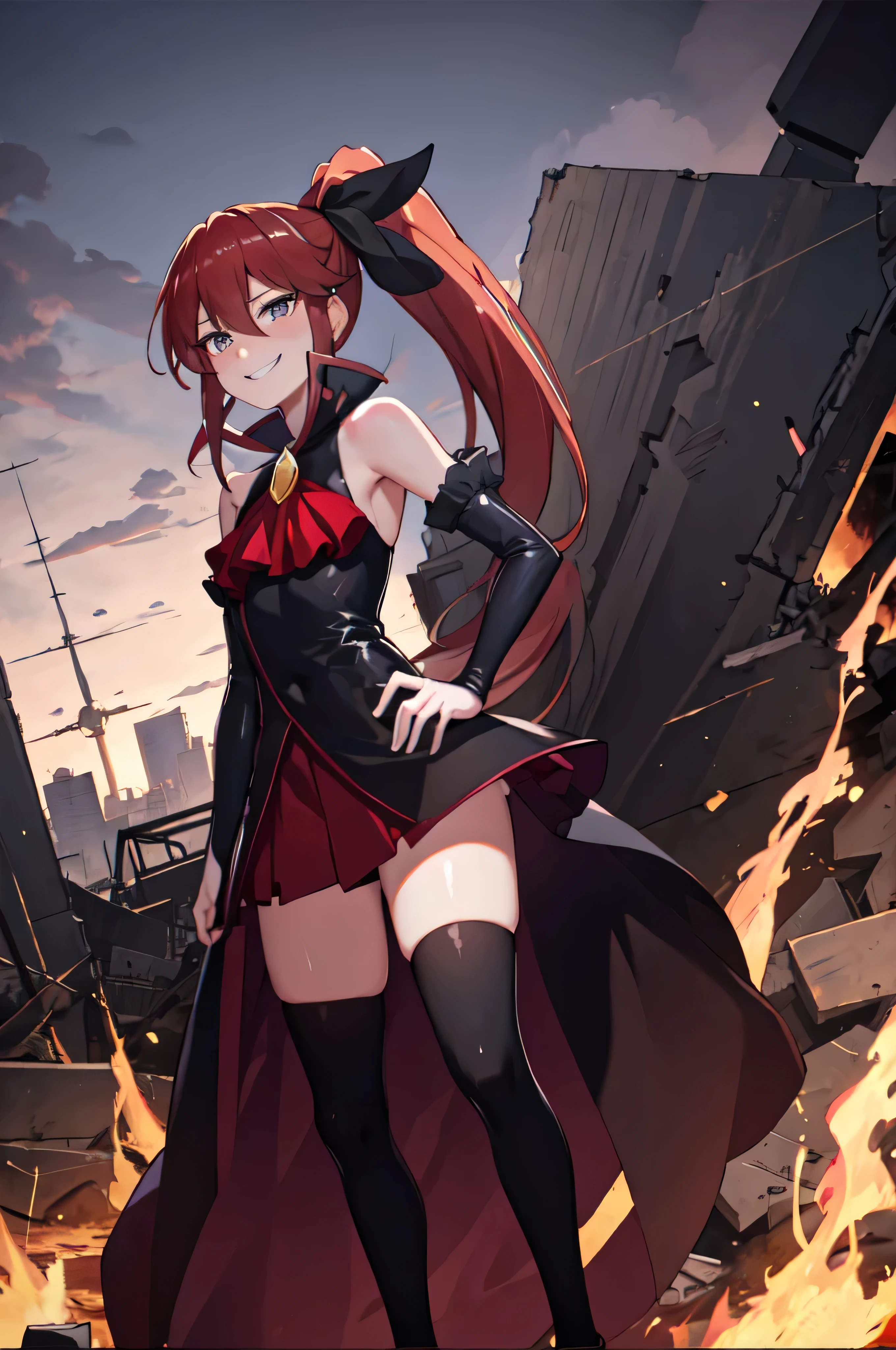 Highest quality, masterpiece, One Girl,Not beautiful, Red Ponytail, Long dress, brooch, Hair Ribbon, - Elbow hand pockets, Black knee socks, Standing on the rubble, Cityscape in a sea of fire, (Wicked Smile:1.1), ,,Dark shadowed face,Sadistic smile,Malice,Contempt,smile,latex,Bad face,,Red Skirt,two hands,two legs,five fingers,



