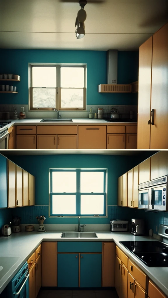there is a kitchen with a stove, sink, and window, 7 0's kitchen, 1 9 8 0 s analog video, 1 9 7 0 s analog video, vhs colour photography, dark kitchen of an art student, overheard camera view of kitchen, color film still 1 9 7 7, bright window lit kitchen, inspired by Gregory Crewdson, old kitchen backdrop