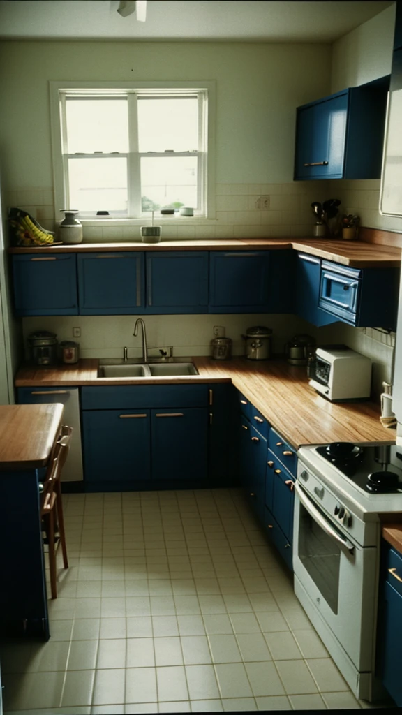 there is a kitchen with a stove, sink, and window, 7 0's kitchen, 1 9 8 0 s analog video, 1 9 7 0 s analog video, vhs colour photography, dark kitchen of an art student, overheard camera view of kitchen, color film still 1 9 7 7, bright window lit kitchen, inspired by Gregory Crewdson, old kitchen backdrop