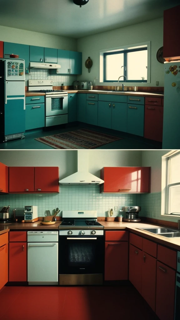 there is a kitchen with a stove, sink, and window, 7 0's kitchen, 1 9 8 0 s analog video, 1 9 7 0 s analog video, vhs colour photography, dark kitchen of an art student, overheard camera view of kitchen, color film still 1 9 7 7, bright window lit kitchen, inspired by Gregory Crewdson, old kitchen backdrop