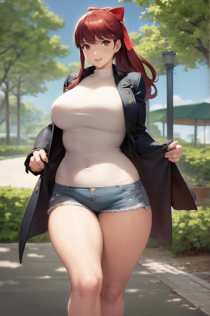 ((mature)), Kasumi Yoshizawa has become a mature woman, Realistic denim texture, chubby upper body but small breasts, dskasumi, red hair, long hair, ponytail, red eyes, hair bow, 1girl, solo, ((height 150cm)), thick thighs, Bow legs, Beautiful face but chubby face, Chubby kasumi yoshizawa, Hands on hips, Stand up straight, ((Full body)), (low head 1.5), A little chubby body type and small breasts, masterpiece, tight denim pants, ((small breasts)), (thick legs), Full body+, Solo, Swollen face, 1 woman, navy blue Denim pants, thick thighs, low rise navy blue denim pants, solo, simple background, masterpiece, best quality, A chubby figure that seems real, smile, Middle-aged obesity, (((Wearing a stylish coat))), (big ass), Stylish outfit,
red ribbon
outdoors, park, trees, dappled sunlight, depth of field, cinematic, game cg, official art, masterpiece, best quality
