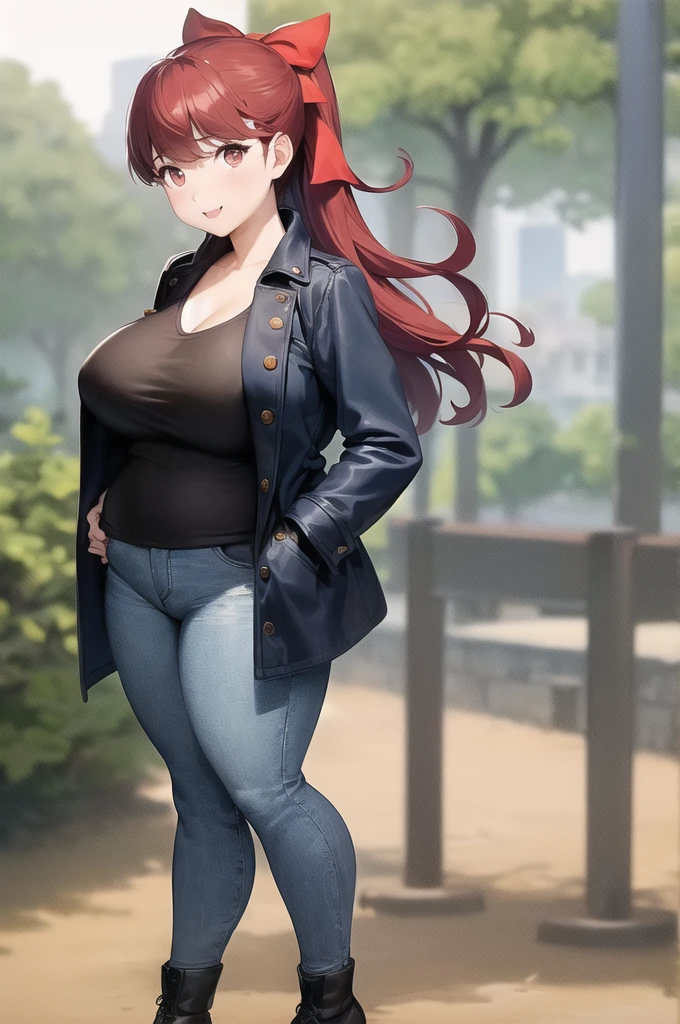 ((mature)), Kasumi Yoshizawa has become a mature woman, Realistic denim texture, chubby upper body but small breasts, dskasumi, red hair, long hair, ponytail, red eyes, hair bow, 1girl, solo, ((height 150cm)), thick thighs, Bow legs, Beautiful face but chubby face, Chubby kasumi yoshizawa, Hands on hips, Stand up straight, ((Full body)), (low head 1.5), A little chubby body type and small breasts, masterpiece, tight denim pants, ((small breasts)), (thick legs), Full body+, Solo, Swollen face, 1 woman, navy blue Denim pants, thick thighs, low rise navy blue denim pants, solo, simple background, masterpiece, best quality, A chubby figure that seems real, smile, Middle-aged obesity, (((Wearing a stylish coat))), (big ass), Stylish outfit,
red ribbon
outdoors, park, trees, dappled sunlight, depth of field, cinematic, game cg, official art, masterpiece, best quality