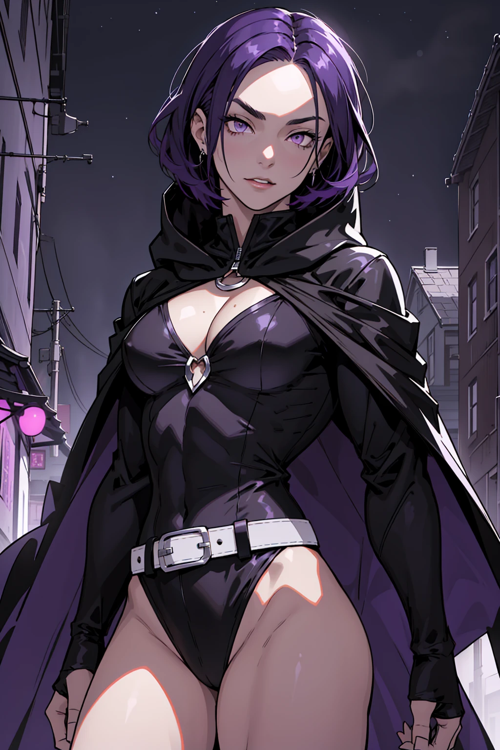 1girl, raven, black leotard, black cape, hood, purple hair, forehead jewel, purple eyes, short hair, belt, skin tight, standing, cleavage, toned, breasts, pose, night, moonlight, ((posing)), motion lines, torso, upper body, portrait, b&w. outline,