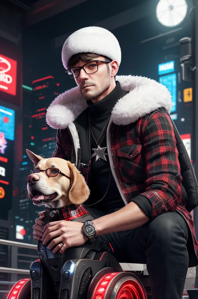 a man wearing a white ushanka with a star, black vest, red and black plaid shirt, red round glasses, sitting on a robot dog, highly detailed, 8k, photorealistic, complex background, intricate details, dramatic lighting, cyberpunk style, cinematic composition, vivid colors, masterpiece