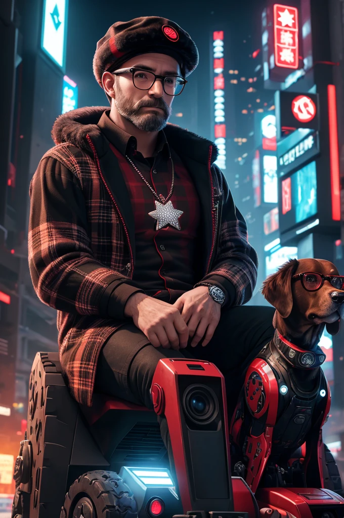 a man wearing a white ushanka with a star, black vest, red and black plaid shirt, red round glasses, sitting on a robot dog, highly detailed, 8k, photorealistic, complex background, intricate details, dramatic lighting, cyberpunk style, cinematic composition, vivid colors, masterpiece