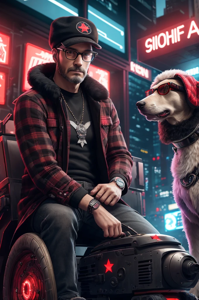 a man wearing a white ushanka with a star, black vest, red and black plaid shirt, red round glasses, sitting on a robot dog, highly detailed, 8k, photorealistic, complex background, intricate details, dramatic lighting, cyberpunk style, cinematic composition, vivid colors, masterpiece