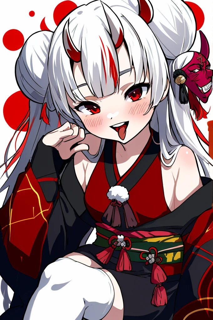 masterpiece, best quality, absurdres, looking at viewer,
Ayame, horns, oni, red eyes, long hair, white hair, red streaks, two side up, double bun, smile, blush,
,open mouth,tongue out,blush,Nakiri Ayame, long hair, double bun, AyameBase, black kimono, hair bell, obi, white thighhighs, bare shoulders, long sleeves, oni mask, mask on head