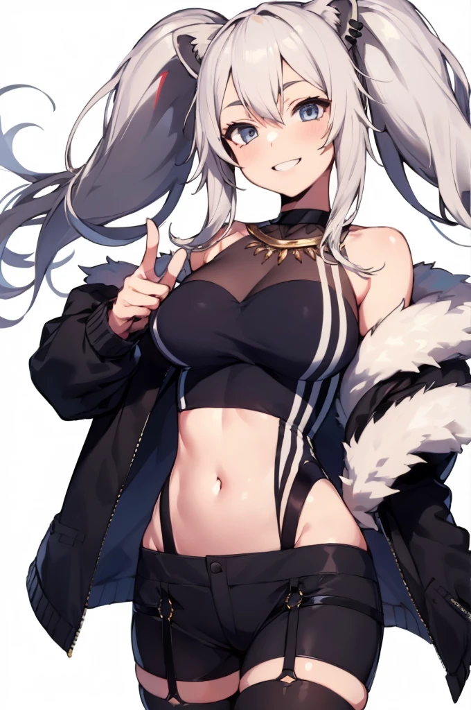 1girl, solo, (white background:1.4), simple background, big breasts, smile, Botan, BotanOutfit, fur-trimmed, jacket, long hair ,twintail,pantyhose
