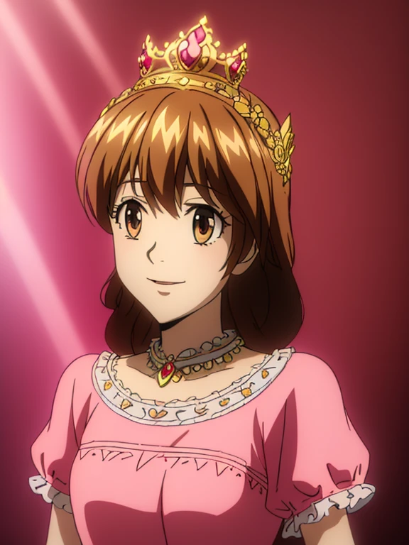 1girl in a pink princess dress, beautiful detailed eyes, beautiful extremely detailed face and portrait, long eyelashes, princess crown, palace interior, smiling, short brown hair, brown eye, digital painting,fantasy art,intricate details,vibrant colors,warm lighting,ornate decor,chandelier, longe slevees, upper body,