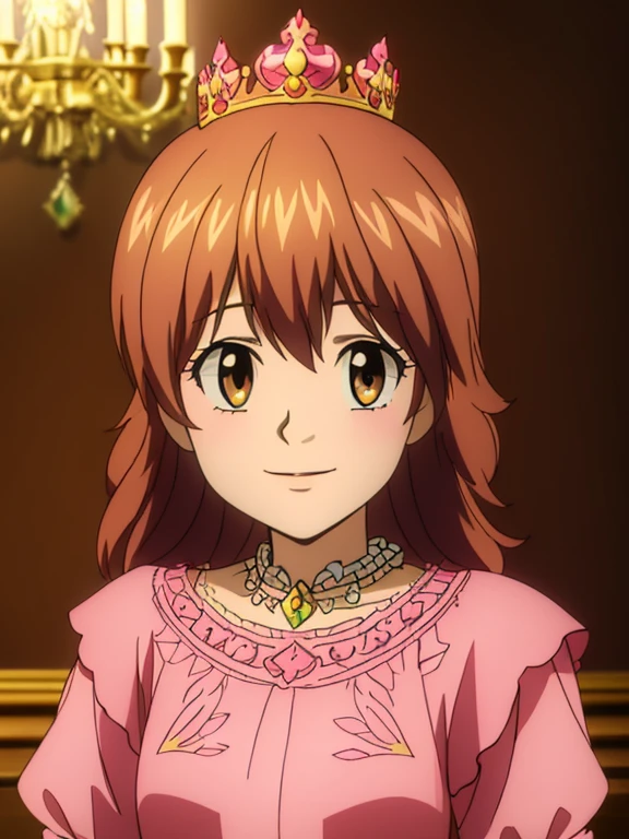 1girl in a pink princess dress, beautiful detailed eyes, beautiful extremely detailed face and portrait, long eyelashes, princess crown, palace interior, smiling, short brown hair, brown eye, digital painting,fantasy art,intricate details,vibrant colors,warm lighting,ornate decor,chandelier, longe slevees, upper body,