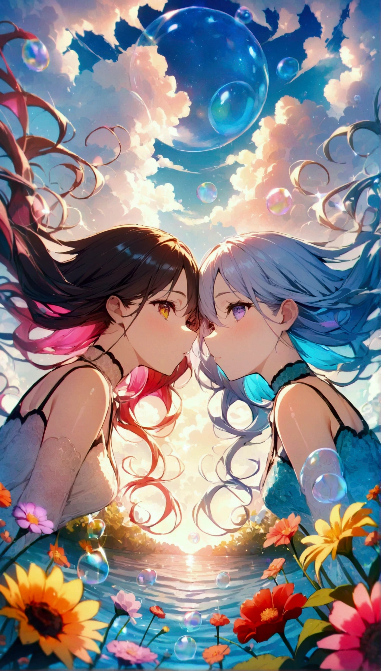 JK,Flowing Hair,Beautiful sky, Beautiful Clouds, summer,Colorful flowers, (Transparent bubbles sparkle in the sky), masterpiece,High resolution,Wide-angle lens