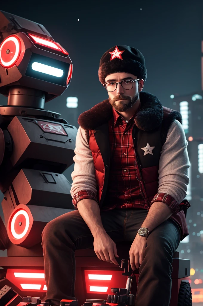 a man wearing a white ushanka with a star, a black vest, a red plaid shirt, red round glasses, sitting on a robot, intricate details, high quality, photorealistic, cinematic lighting, warm color tones, dramatic pose, advanced technology, futuristic setting, hyperrealistic, 8k, masterpiece