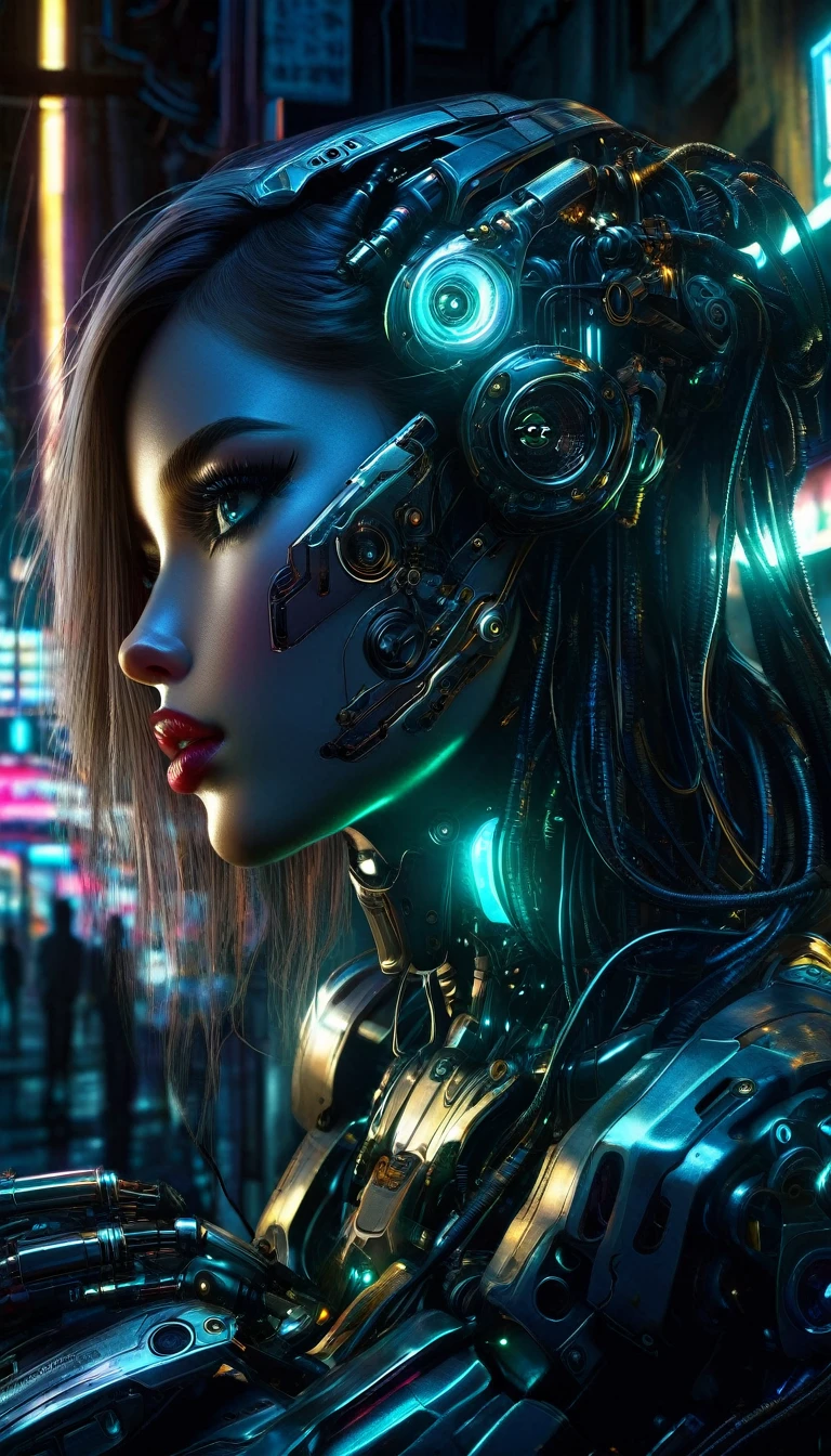 a cyborg girl, charging, plugged into machinery, dark scene, beautiful detailed eyes, beautiful detailed lips, extremely detailed face and body, intricate details, oil painting, cinematic lighting, dramatic shadows, moody atmosphere, dynamic pose, futuristic technology, complex machinery, neon lights, digital art, cyberpunk, surreal, highly detailed, photorealistic, best quality, 8k, masterpiece