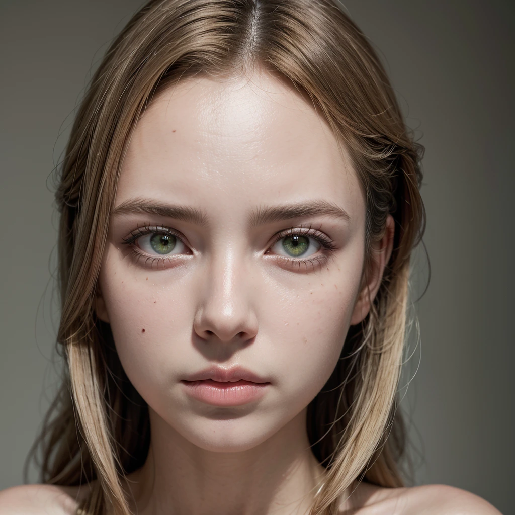 Gabriela Silva Nogueira has a light skin tone with an even and natural texture. Her hair is natural blonde, straight and length is to her waist. The eyes are green, large, slightly slanted and expressive, with an intensity that captures attention. The face shape is oval, with prominent cheekbones and a softly defined jawline. The mouth has a naturally full shape, with soft pink lips. She displays a calm and serene look, her expression suggesting a contemplative stillness.