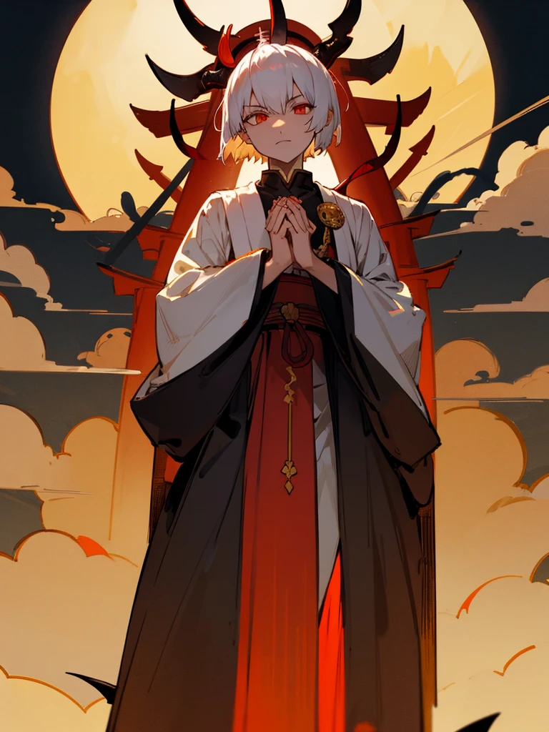 Demon, Evil eye, Horn, White short hair, Black Western armor, Torii, Man, Full moon, Prayer hands, Golden lion