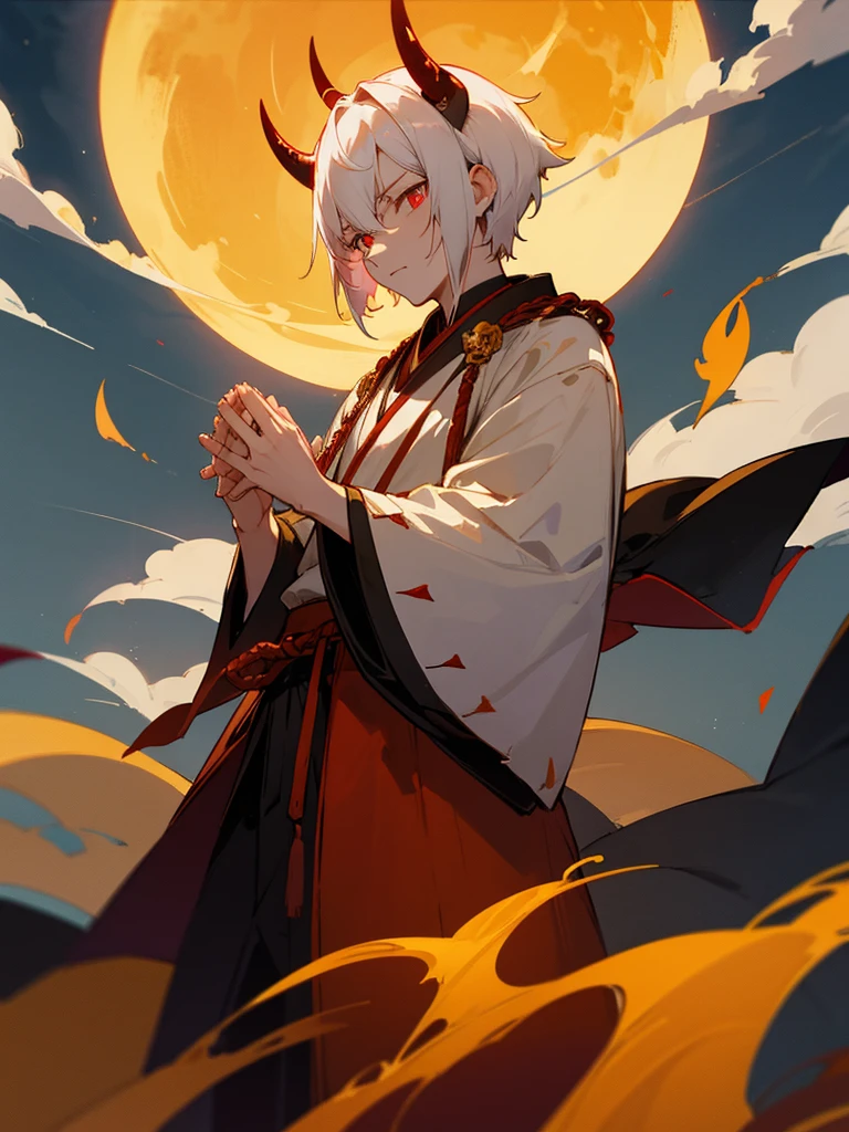 Demon, Evil eye, Horn, White short hair, Black Western armor, Torii, Man, Full moon, Prayer hands, Golden lion