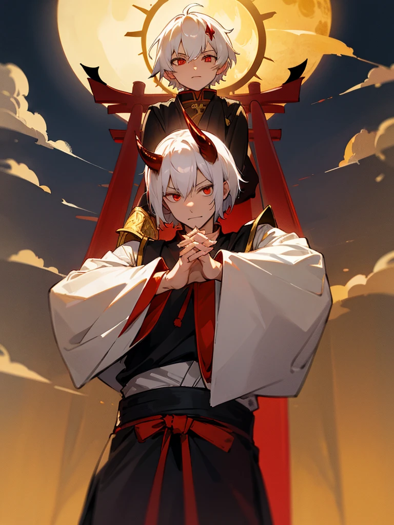 Demon, Evil eye, Horn, White short hair, Black Western armor, Torii, Man, Full moon, Prayer hands, Golden lion