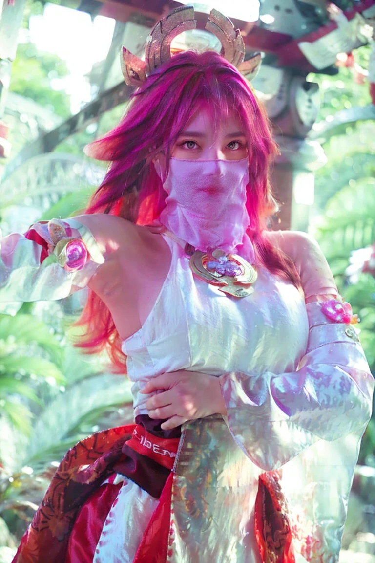 (Extreme Detail CG Unity 8K wallpaper, masterpiece, highest quality), (ulzzang-6500-v1.1:0.4) 1girl, kpop idol, yae miko, detached sleeves, pink hair, long hair, best quality, (photorealistic:1.2), (hair ornament:1.35), jewelry, fox ears, wearing face veil, (white face veil, silk mask veil:1.2), purple eyes, earrings, (very huge round breasts, big breasts: 1.2), torii, cherry blossoms, lantern light, depth of field, detailed face, face focus, (looking at viewer:1.25), shiny skin, long sleeves, cowboy shot, dynamic pose, (bending forward, Show the armpits, sexypose:1.3), game cg, thigh highs, east asian architecture, blurry background, full body,  elegant posture, focused expression, outdoor shrine setting, fantasy style,