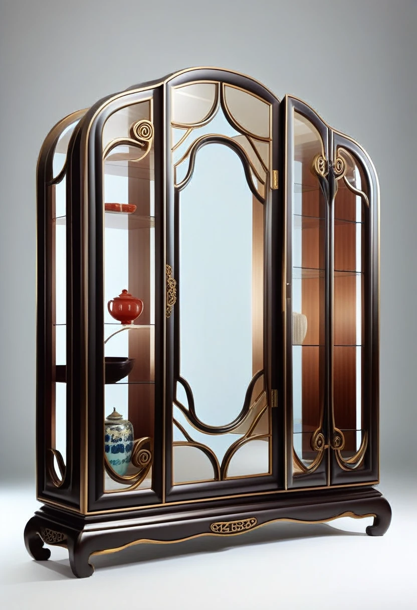(((furniture product designs))), (display cabinet design), (with Chinese influence), opera, flexible lines, ((unique modern innovation from the shape)), combined with bronze and dark wood, ( (stylized shapes from Chinese dances)),