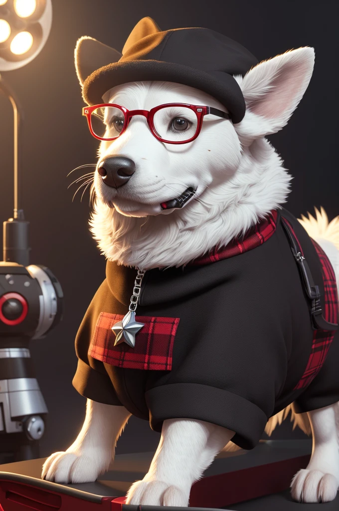 a man wearing a white ushanka with a star, a black vest, a red and black plaid shirt, red round glasses, sitting on a robotic dog, (best quality,4k,8k,highres,masterpiece:1.2),ultra-detailed,(realistic,photorealistic,photo-realistic:1.37),intricate details,cinematic lighting,highly detailed facial features,digital painting,3d render,hyper detailed,award winning art